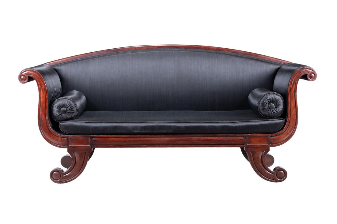 A WILLIAM IV OR EARLY VICTORIAN MAHOGANY AND BLACK FABRIC UPHOLSTERED SCROLL-ARM SOFA, CIRCA 1840: A WILLIAM IV OR EARLY VICTORIAN MAHOGANY AND BLACK FABRIC UPHOLSTERED SCROLL-ARM SOFA CIRCA 1840 95cm high, 206cm wide, 74cm deep Condition Report: PLEASE NOTE: ALL LOTS ARE LOCATED AT SACKVILLE WEST
