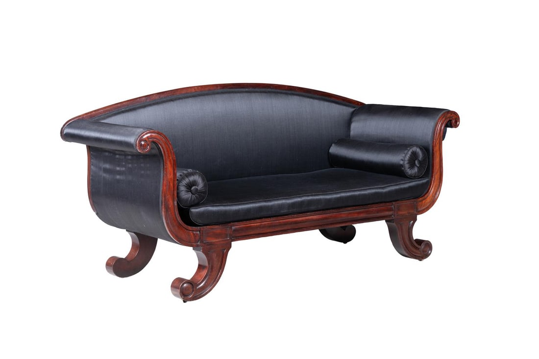 A WILLIAM IV OR EARLY VICTORIAN MAHOGANY AND BLACK FABRIC UPHOLSTERED SCROLL-ARM SOFA, CIRCA 1840 - 2