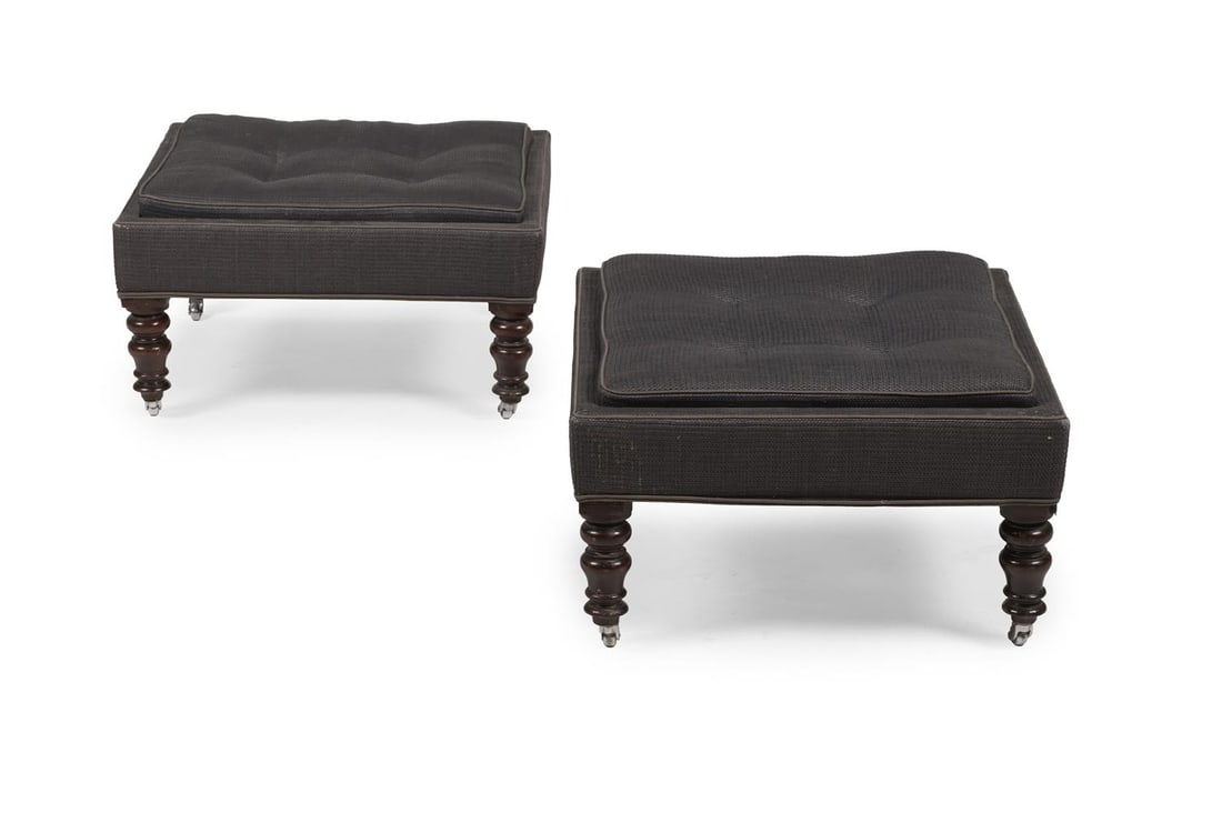 A PAIR OF MAHOGANY AND BUTTON UPHOLSTERED STOOLS, CONTEMPORARY, INCORPORATING 19TH CENTURY ELEMENTS: A PAIR OF MAHOGANY AND BUTTON UPHOLSTERED STOOLS CONTEMPORARY, INCORPORATING 19TH CENTURY ELEMENTS each 36cm high, 65cm wide, 62cm deep Condition Report: PLEASE NOTE: ALL LOTS ARE LOCATED AT