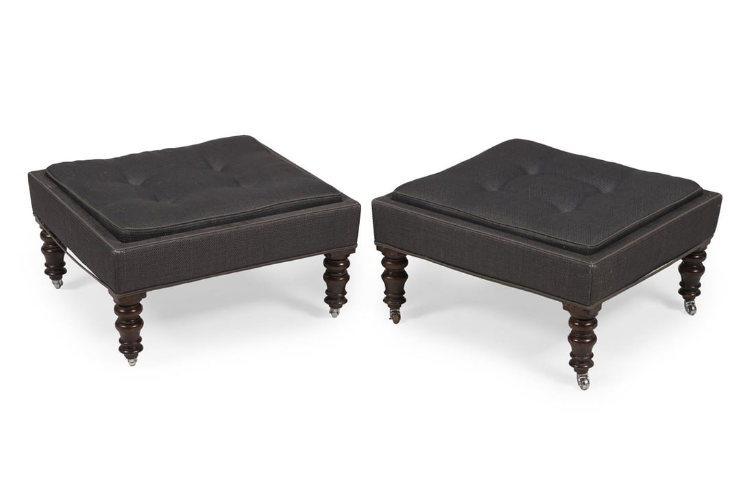 A PAIR OF MAHOGANY AND BUTTON UPHOLSTERED STOOLS, CONTEMPORARY, INCORPORATING 19TH CENTURY ELEMENTS - 2