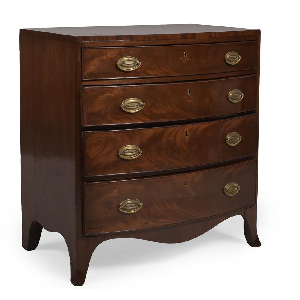 A GEORGE III MAHOGANY BOWFRONTED CADDY TOPPED CHEST OF DRAWERS, CIRCA 1800: A GEORGE III MAHOGANY BOWFRONTED CADDY TOPPED CHEST OF DRAWERS CIRCA 1800 Condition Report: PLEASE NOTE: ALL LOTS ARE LOCATED AT SACKVILLE WEST STORAGE IN ANDOVER (SP10 3SA) AND ARE NOT AVAILABLE TO