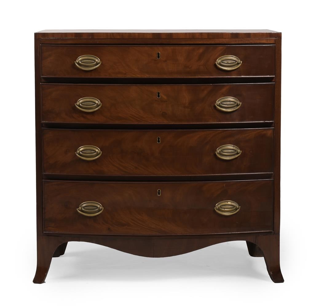 A GEORGE III MAHOGANY BOWFRONTED CADDY TOPPED CHEST OF DRAWERS, CIRCA 1800 - 2