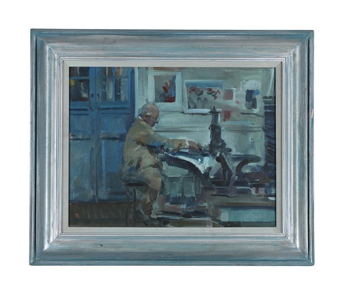 λ TOM COATES (BRITISH 1941-2023), THE COLLEGE TECHNICIAN: λ TOM COATES (BRITISH 1941-2023) THE COLLEGE TECHNICIAN Oil on board Signed with initials (lower left) 35 x 44.5cm (13¾ x 17½in.) Condition Report: PLEASE NOTE: ALL LOTS ARE