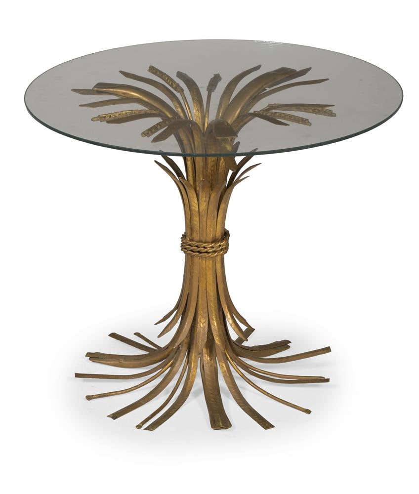 A GILT METAL AND PLATE GLASS WHEATSHEAF OCCASIONAL TABLE, DESIGNED BY HANS KOGL, PROBABLY 1970s: A GILT METAL AND PLATE GLASS WHEATSHEAF OCCASIONAL TABLE