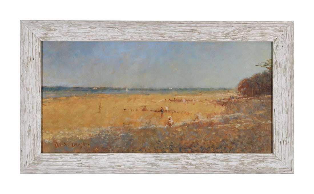 λ GRENVILLE GEORGE COTTINGHAM (BRITISH 1943-2007), ON THE BEACH AT BEMRBIDGE: λ GRENVILLE GEORGE COTTINGHAM (BRITISH 1943-2007) ON THE BEACH AT BEMRBIDGE Oil on board Signed (lower left) 19 x 39.5cm (7¼ x 15½in.) Provenance: Vectis Fine Arts, Bembridge,