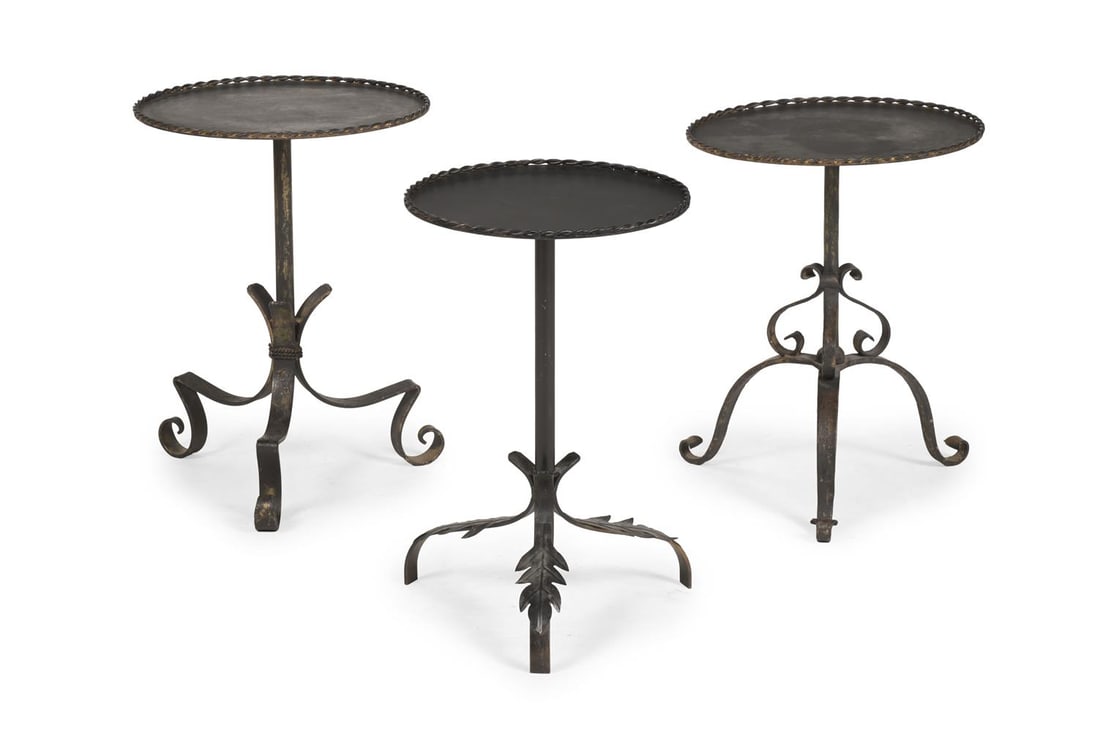 THREE WROUGHT METAL CIRCULAR TOPPED OCCASIONAL TABLES ON TRIPOD BASES, 20TH OR 21ST CENTURY (1 of 4)