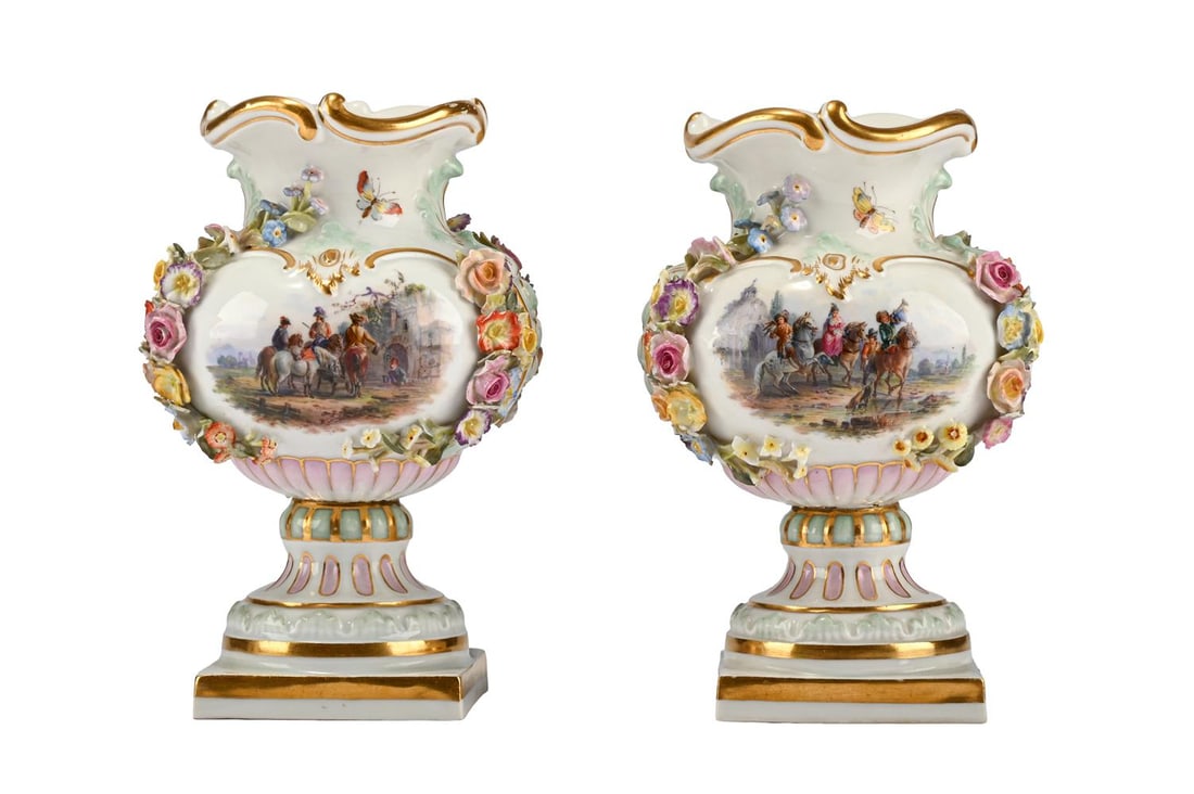 A PAIR OF MEISSEN FLOWER-ENCRUSTED URNS, LATE 19TH CENTURY, TOGETHER WITH A TRUMPET VASE - 2
