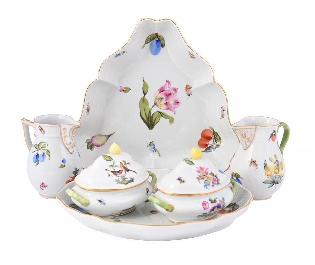 A SELECTION OF HEREND PORCELAIN, SECOND HALF 20TH CENTURY: A SELECTION OF HEREND PORCELAIN, MARKET GARDEN PATTERN SECOND HALF 20TH CENTURY Triangle bowl 26cm at its widest; jugs 11.5cm high, 11cm from spout to handle; pots 9.5cm high, 13cm wide, 9.5cm deep;