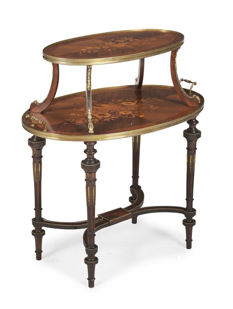 Y A KINGWOOD AND FLORAL MARQUETRY TWO TIER ETAGERE, LOUIS XVI STYLE, LAST QUARTER 19TH CENTURY (1 of 4)