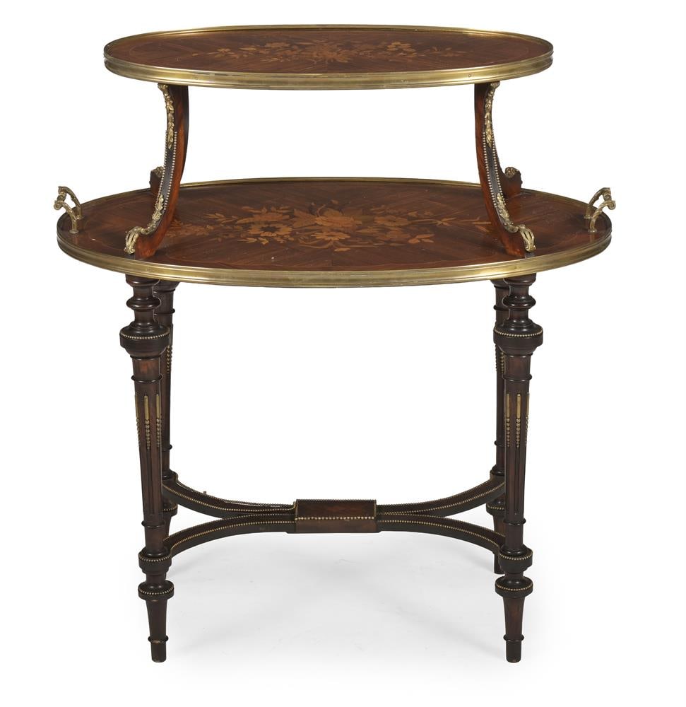 Y A KINGWOOD AND FLORAL MARQUETRY TWO TIER ETAGERE, LOUIS XVI STYLE, LAST QUARTER 19TH CENTURY - 2