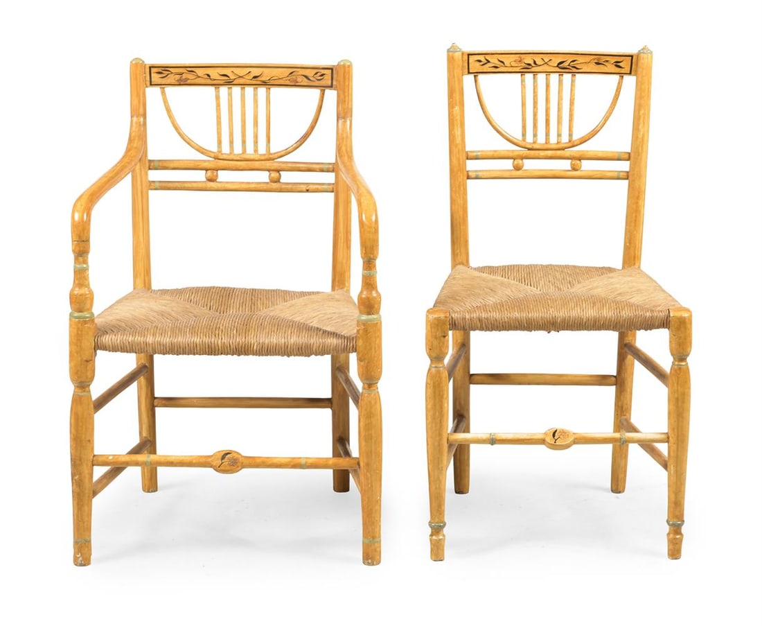 A SET OF EIGHT OCHRE PAINTED AND RUSH SEAT CHAIRS, 20TH CENTURY - 2