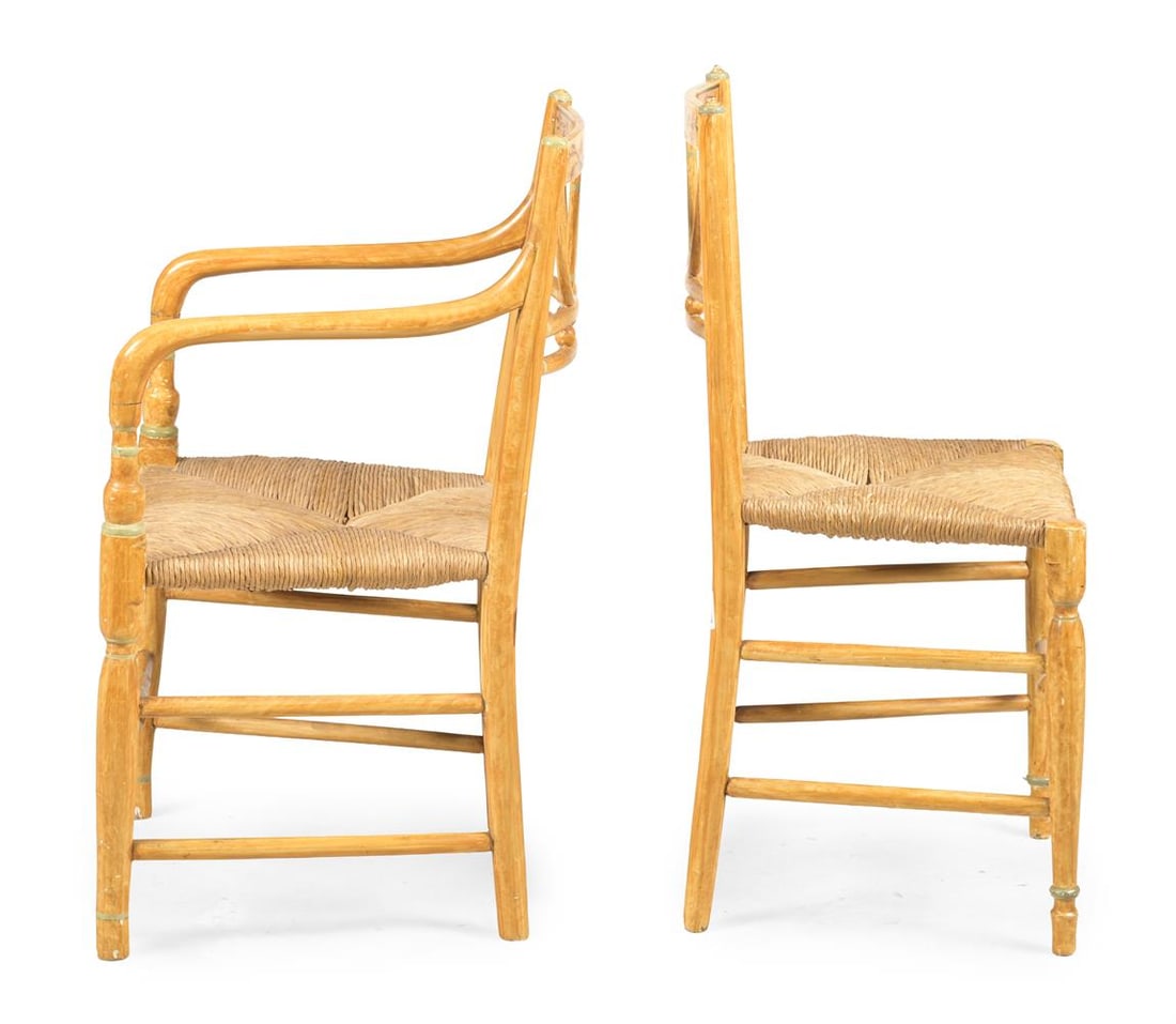 A SET OF EIGHT OCHRE PAINTED AND RUSH SEAT CHAIRS, 20TH CENTURY - 3