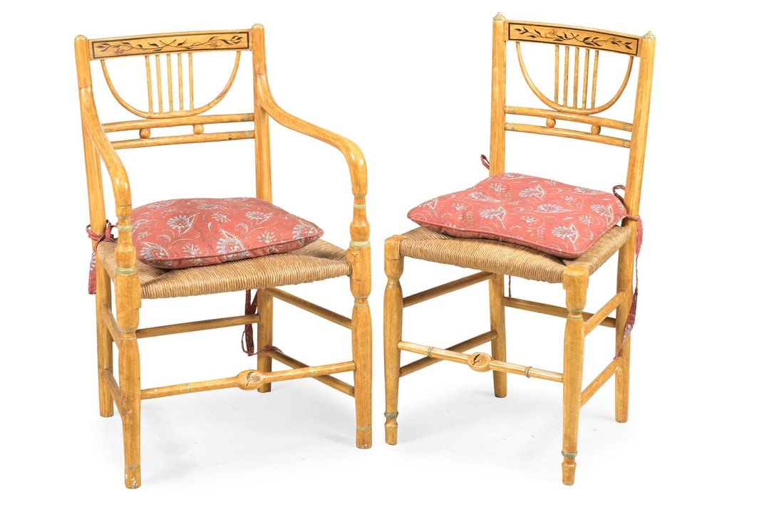 A SET OF EIGHT OCHRE PAINTED AND RUSH SEAT CHAIRS, 20TH CENTURY - 4