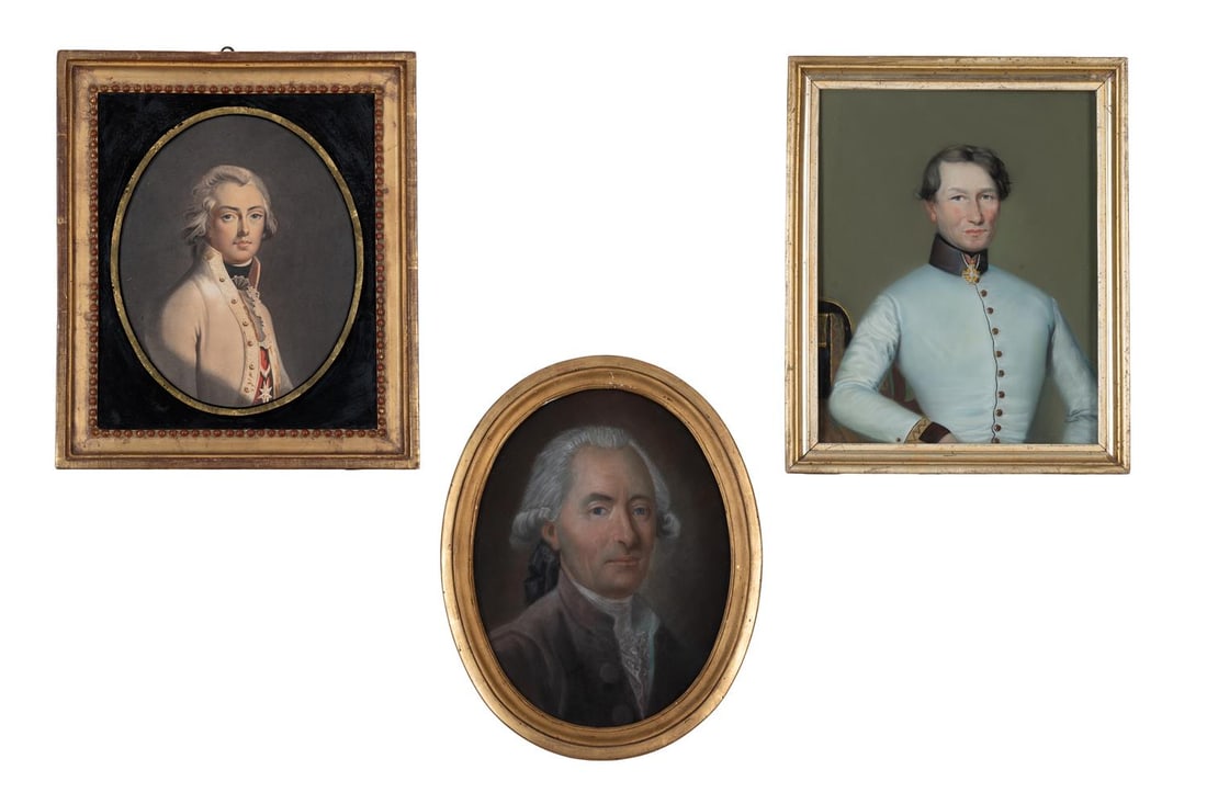 AFTER H. JONES, WILLIAM GEORGE FREDERICK, PRINCE OF ORANGE-NASSAU; WITH TWO OTHERS (3): AFTER H. JONES WILLIAM GEORGE FREDERICK, PRINCE OF ORANGE-NASSAU (1774-1799) Watercolour, oval 25 x 20cm (9¾ x 7¾in.) Possibly after an engraving by F. Green. TOGETHER WITH Two pastel
