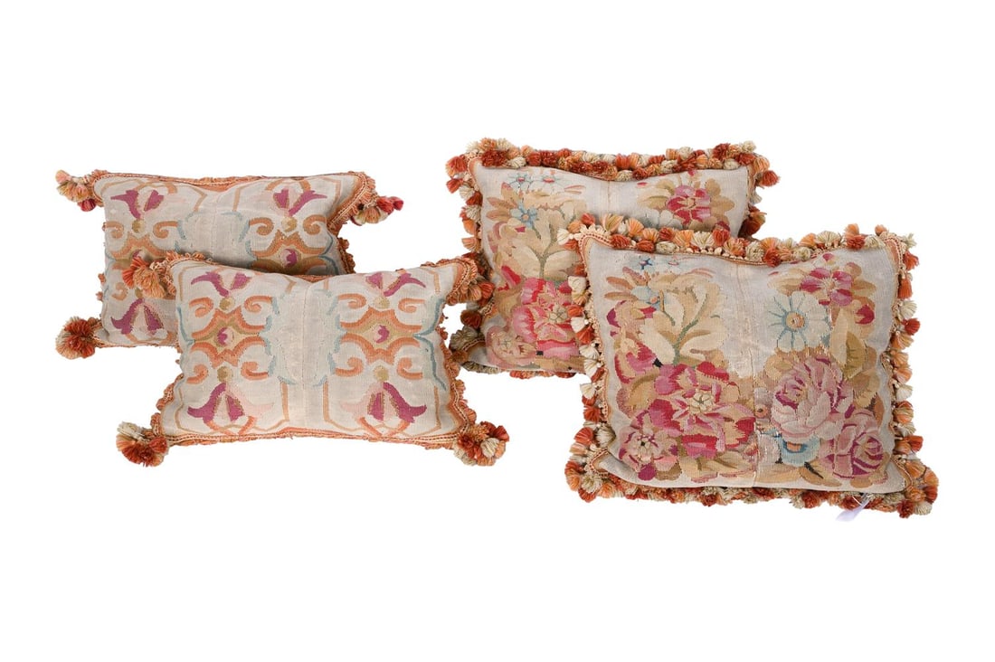 A MATCHING SET OF FOUR AUBUSSON TYPE CUSHIONS, CONSTRUCTED FROM 19TH CENTURY TAPESTRY: A MATCHING SET OF FOUR AUBUSSON TYPE CUSHIONS