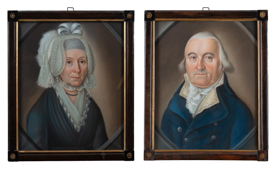 GERMAN SCHOOL (EARLY 19TH CENTURY), PORTRAITS OF A HUSBAND AND WIFE (2): GERMAN SCHOOL (EARLY 19TH CENTURY) PORTRAITS OF A HUSBAND AND WIFE Pastel, a pair, feigned ovals 39 x 32cm (15¼ x 12½in.) (2) Condition Report: Condition Report Disclaimer