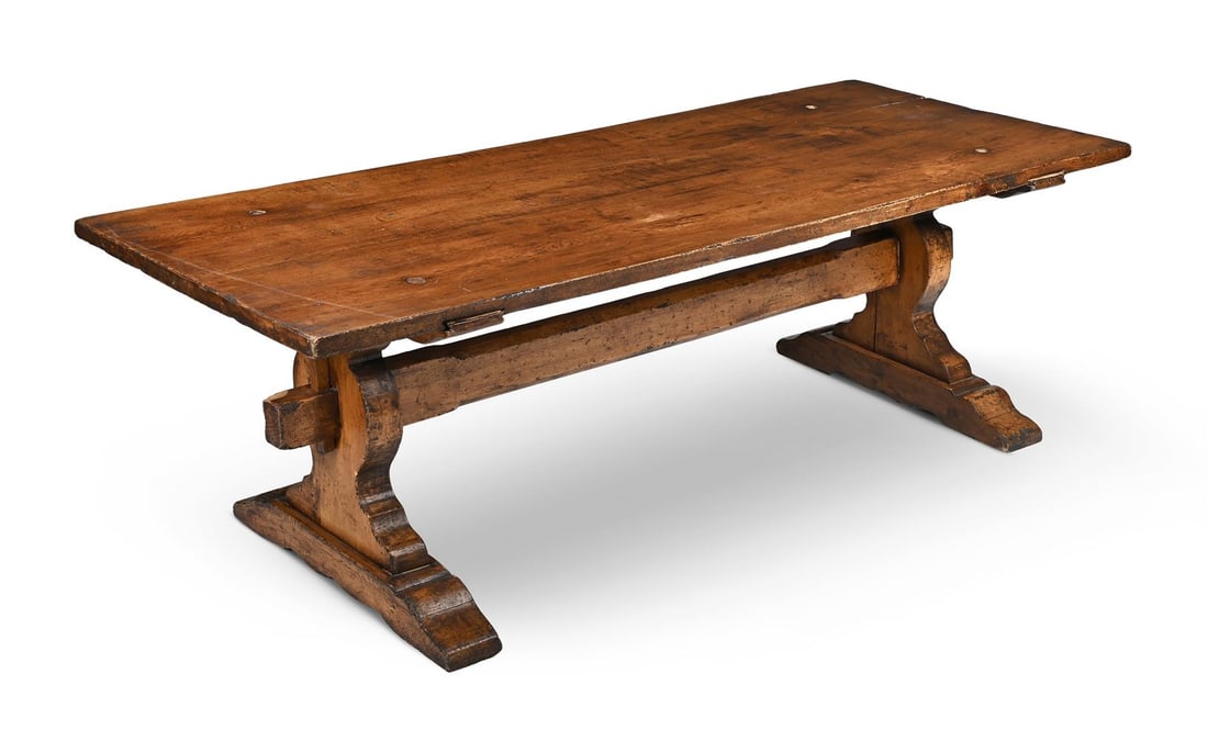AN OAK REFECTORY TABLE, IN 18TH CENTURY STYLE, OF RECENT MANUFACTURE: AN OAK REFECTORY TABLE IN 18TH CENTURY STYLE, OF RECENT MANUFACTURE Stained oak, rectangular top, spreading stepped feet, large central stretcher 77cm high, 240cm long, 89cm wide This lot was