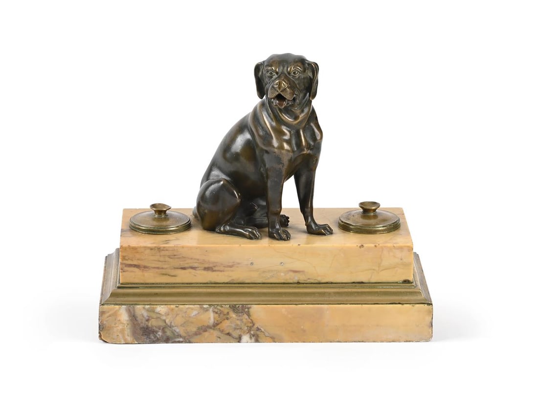 A BRONZE AND MARBLE INKSTAND WITH A SEATED HOUND, FRENCH OR ITALIAN, 19TH CENTURY (1 of 3)