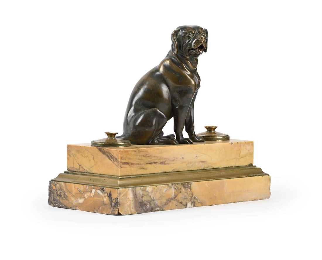 A BRONZE AND MARBLE INKSTAND WITH A SEATED HOUND, FRENCH OR ITALIAN, 19TH CENTURY - 2