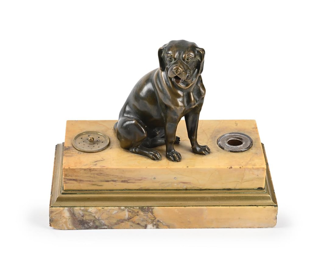 A BRONZE AND MARBLE INKSTAND WITH A SEATED HOUND, FRENCH OR ITALIAN, 19TH CENTURY - 3