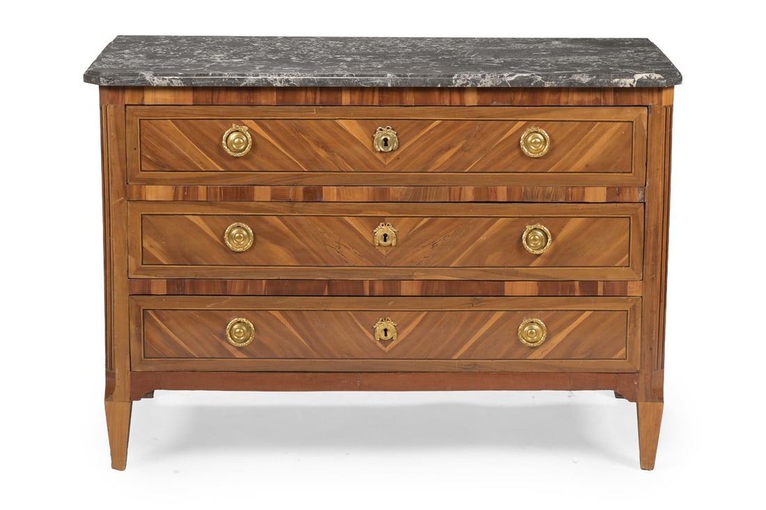 A FRUITWOOD AND PARQUETRY MARBLE TOPPED COMMODE, FRENCH, 19TH CENTURY - 2