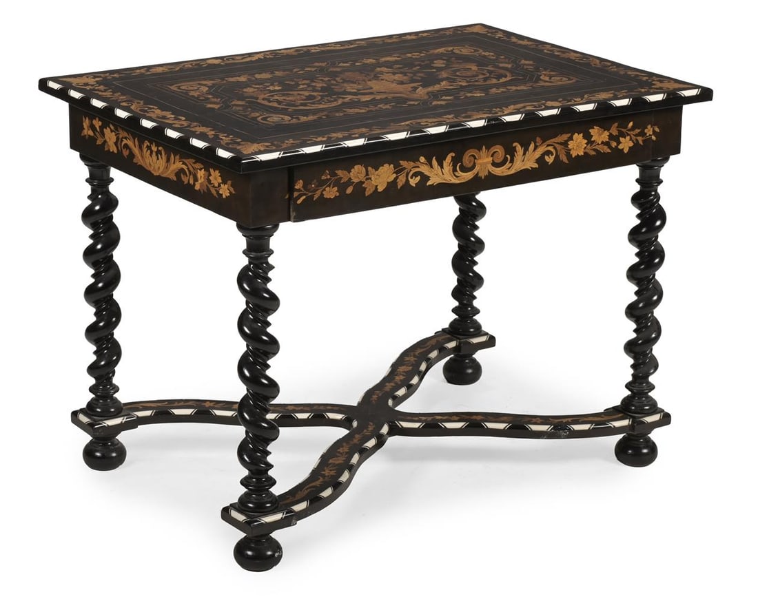 AN EBONISED AND MARQUETRY DECORATED SIDE TABLE, ITALIAN, 20TH CENTURY: AN EBONISED AND MARQUETRY DECORATED SIDE TABLE ITALIAN, 20TH CENTURY 74cm high, 100cm wide, 68cm deep Condition Report: PLEASE NOTE: ALL LOTS ARE LOCATED AT SACKVILLE WEST STORAGE IN ANDOVER (SP10
