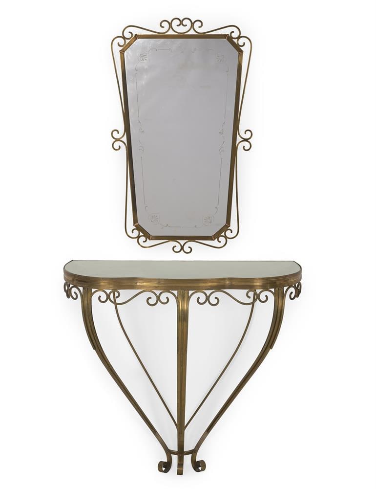 A GLASS TOPPED GILT BRASS CONSOLE TABLE AND ACCOMPANYING MIRROR, 20TH CENTURY OR LATER (1 of 2)
