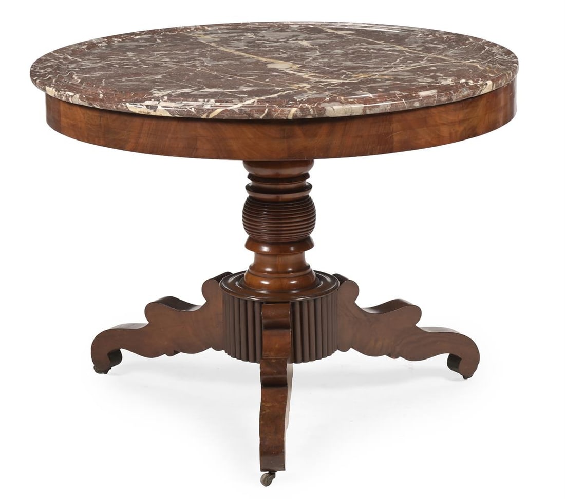 A CONTINENTAL MAHOGANY AND MARBLE TOPPED PEDESTAL CENTRE TABLE, CIRCA 1830 - 2