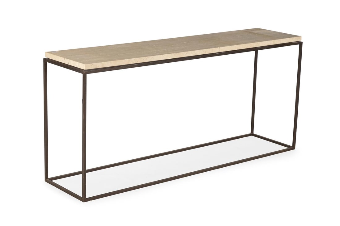 A CONTEMPORARY CREAM MARBLE AND BLACK TUBULAR STEEL CONSOLE TABLE, 20TH OR 21ST CENTURY: A CONTEMPORARY CREAM MARBLE AND BLACK TUBULAR STEEL CONSOLE TABLE