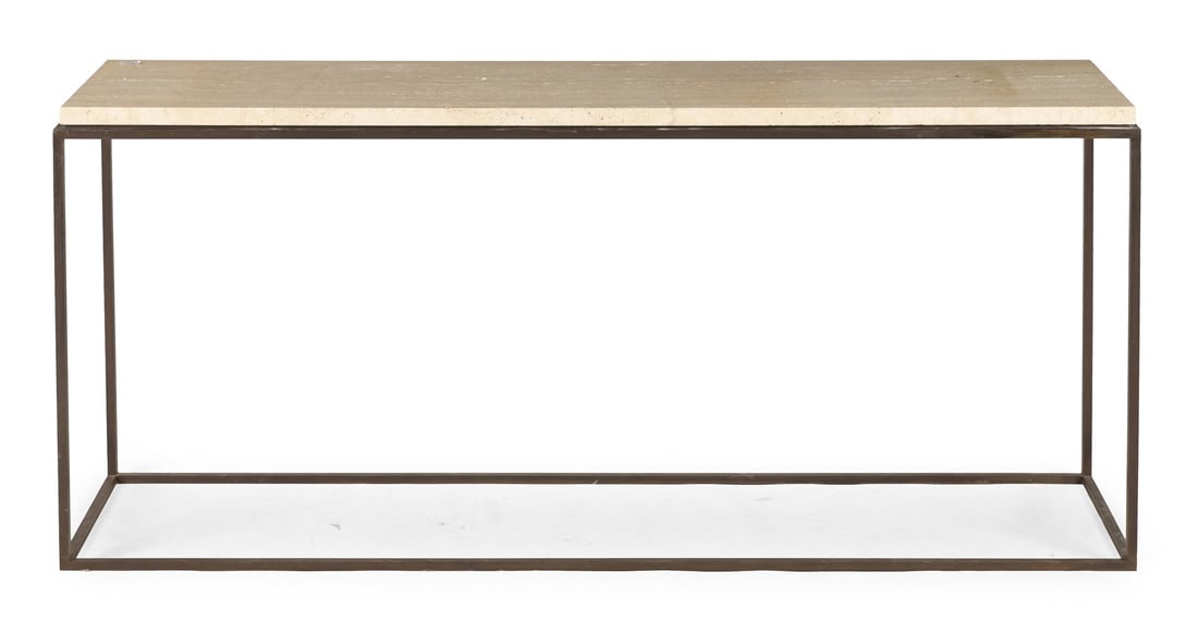 A CONTEMPORARY CREAM MARBLE AND BLACK TUBULAR STEEL CONSOLE TABLE, 20TH OR 21ST CENTURY - 2