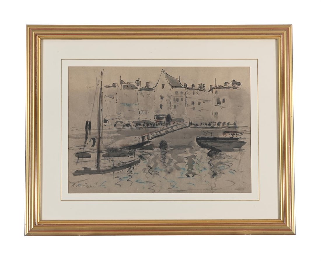 PIETRO ANNIGONI (ITALIAN 1910-1988), HARBOUR SCENE: PIETRO ANNIGONI (ITALIAN 1910-1988) HARBOUR SCENE Ink and pastel on buff paper Signed (lower left) 31.5 x 45cm (12¼ x 17½in.) Provenance: Brandler Gallery, Brentwood, Essex Condition