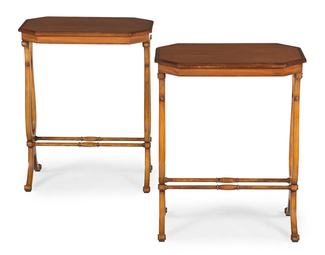 Y A PAIR OF SATINWOOD, BEECH AND BRASS LYRE END OCCASIONAL TABLES, IN GEORGE III STYLE, 20TH CENTURY: Y A PAIR OF SATINWOOD, BEECH AND BRASS LYRE END OCCASIONAL TABLES IN GEORGE III STYLE, 20TH CENTURY Both stamped 'CHATSWORTH HOUSE' to the underside 70cm high, 56cm wide, 37.5cm deep