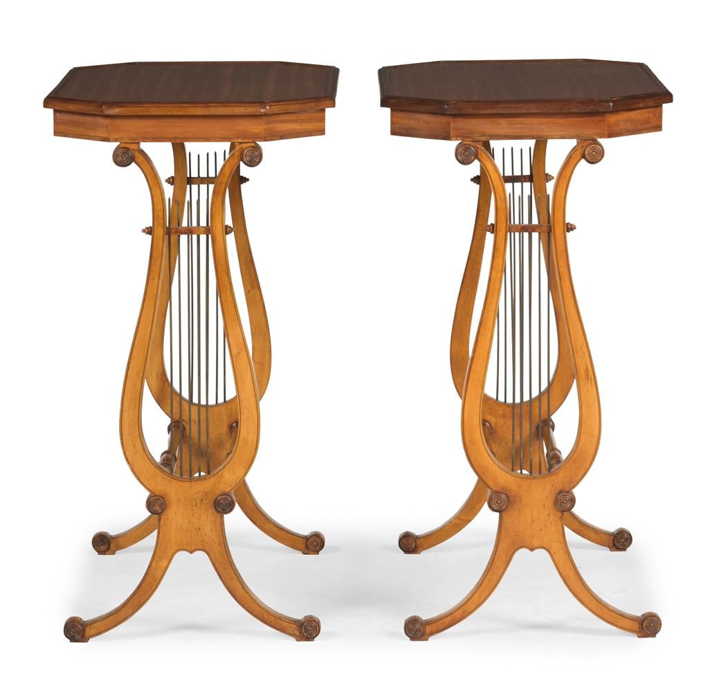 Y A PAIR OF SATINWOOD, BEECH AND BRASS LYRE END OCCASIONAL TABLES, IN GEORGE III STYLE, 20TH CENTURY - 2