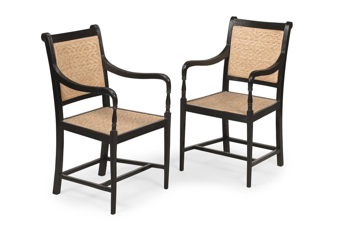 Y A PAIR OF EBONY ARMCHAIRS, IN GEORGE III STYLE, LATE 20TH OR EARLY 21ST CENTURY (1 of 4)