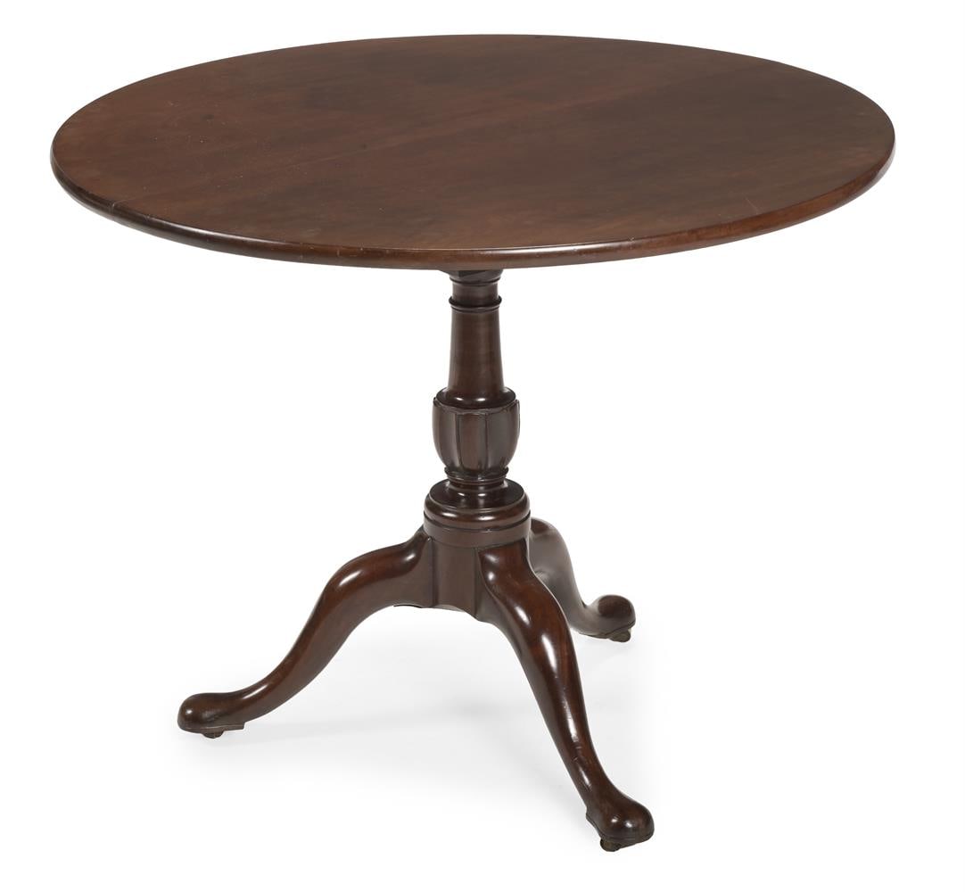 A GEORGE III CIRCULAR MAHOGANY BIRDCAGE SNAP TOP SUPPER TABLE, CIRCA 1760 - 2