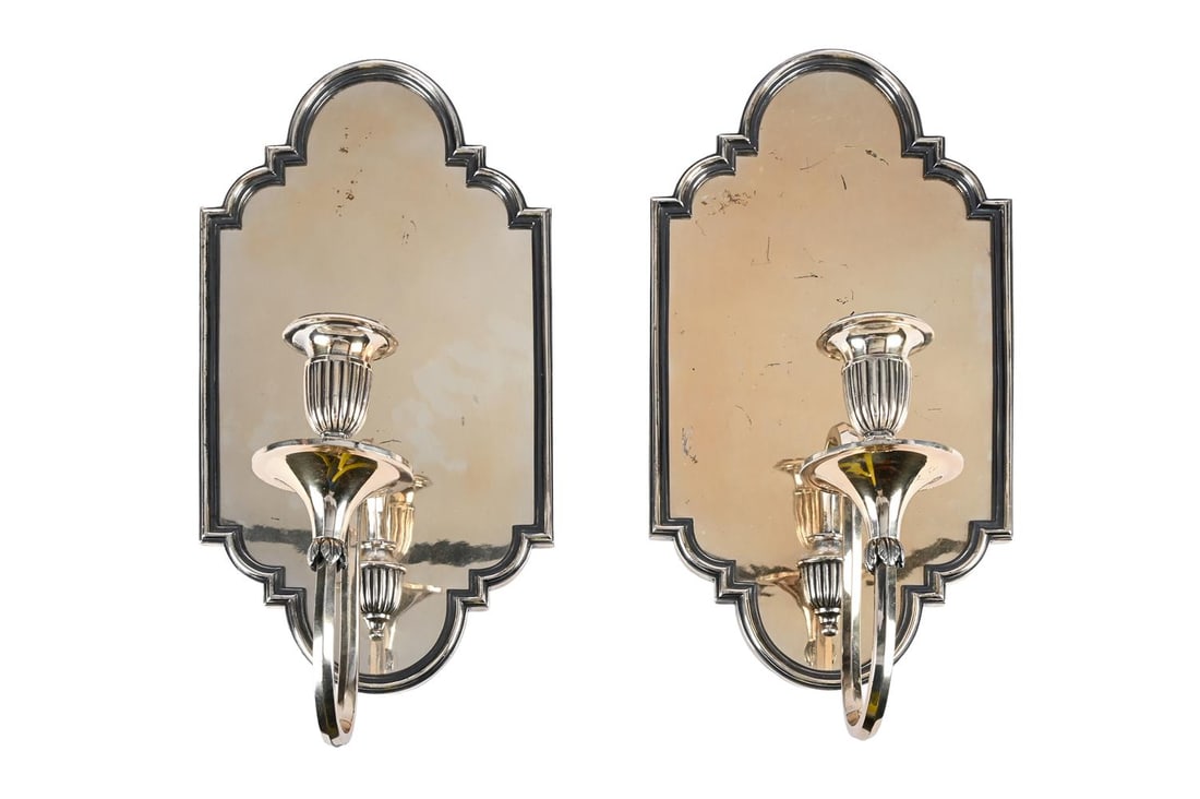 A PAIR OF MIRROR POLISHED SILVER-PLATED SINGLE CANDLE WALL SCONCES, 20TH CENTURY (1 of 3)