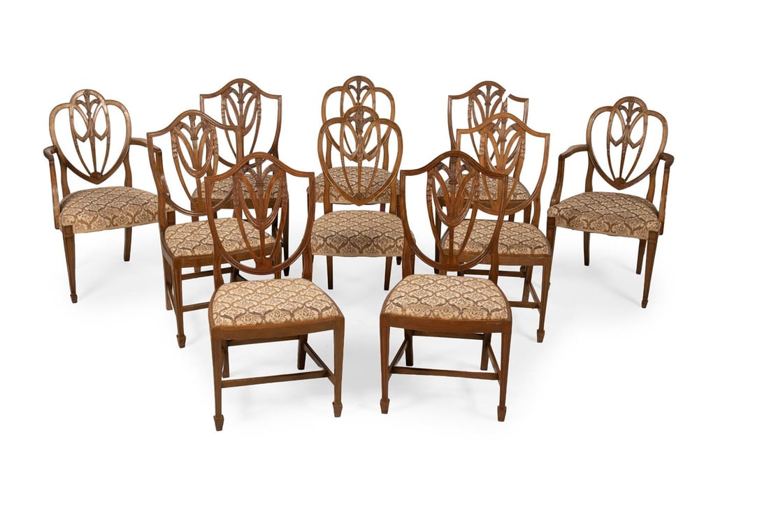 A HARLEQUIN SET OF TEN MAHOGANY DINING CHAIRS, GEORGE III STYLE, 20TH CENTURY: A HARLEQUIN SET OF TEN MAHOGANY DINING CHAIRS