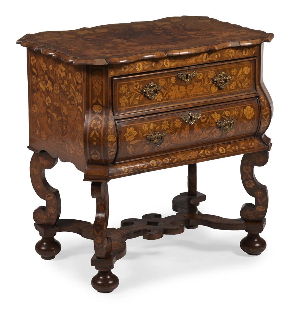 A WALNUT AND MARQUETRY CHEST ON STAND, DUTCH, 19TH CENTURY: A WALNUT AND MARQUETRY CHEST ON STAND DUTCH, 19TH CENTURY Incorporating two drawers, shaped stretcher on bun feet 82cm high, 83cm wide, 54cm deep Condition Report: PLEASE NOTE: ALL LOTS ARE LOCATED