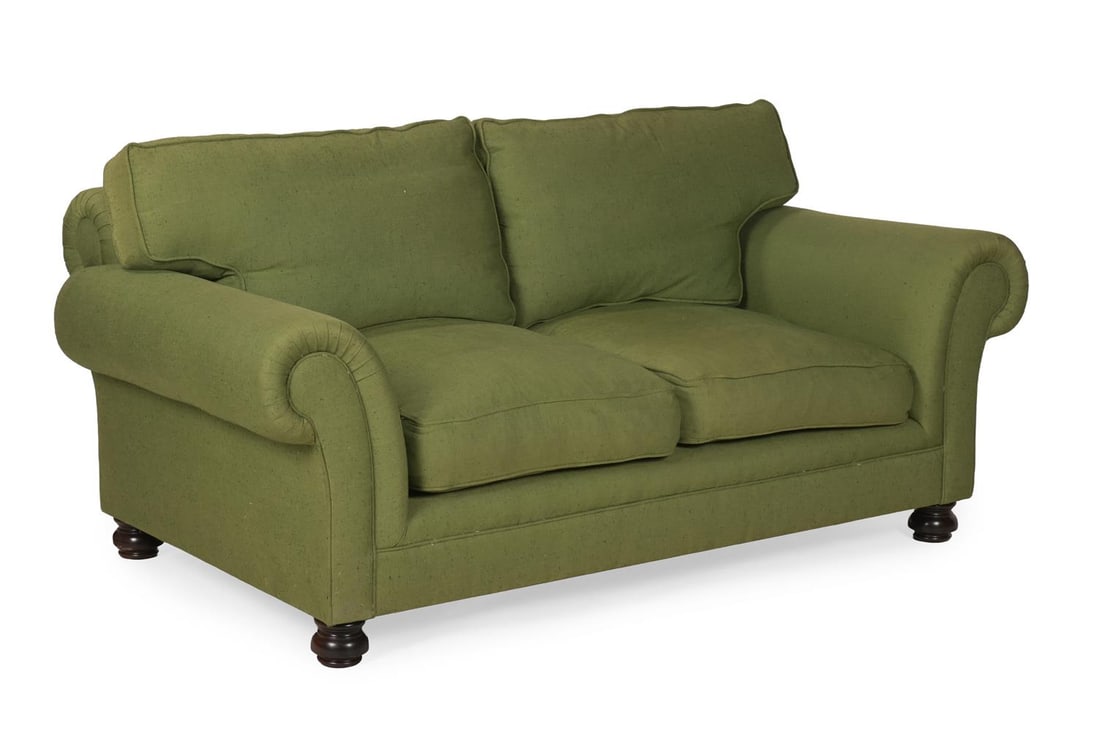 GEORGE SMITH, A GREEN UPHOLSTERED TWO SEATER SOFA, 20TH CENTURY (1 of 2)