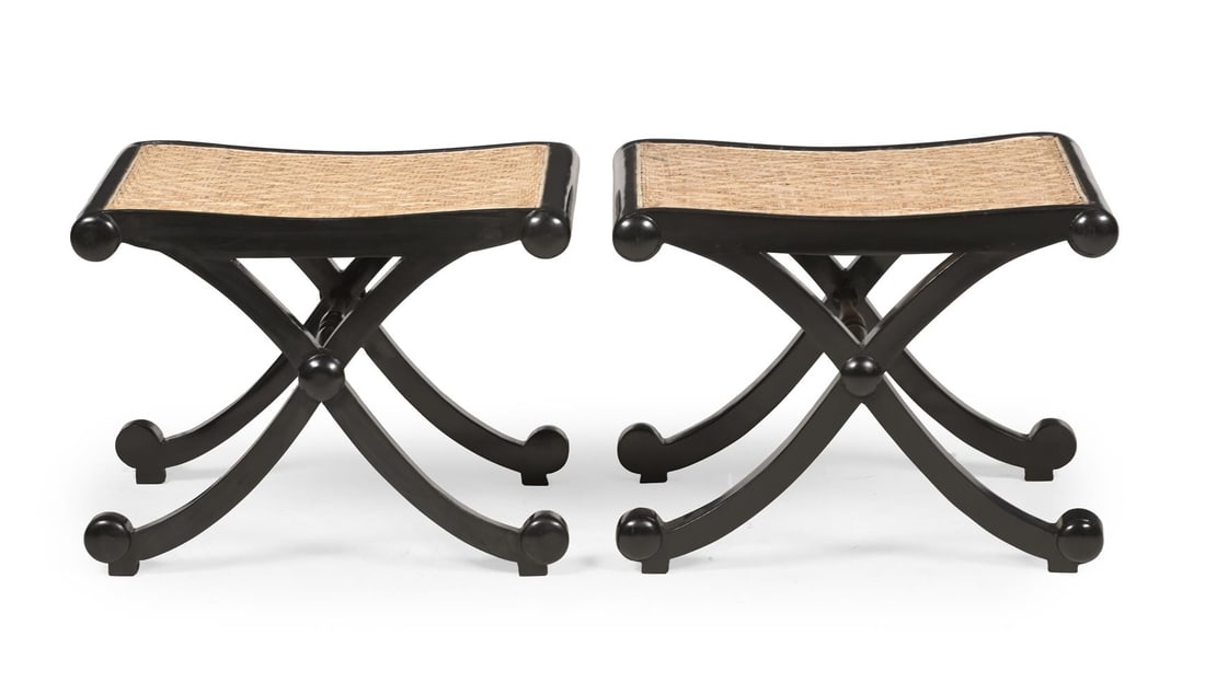 Y A PAIR OF EBONY 'X' FRAMED STOOLS, IN REGENCY STYLE, LATE 20TH OR EARLY 21ST CENTURY - 2