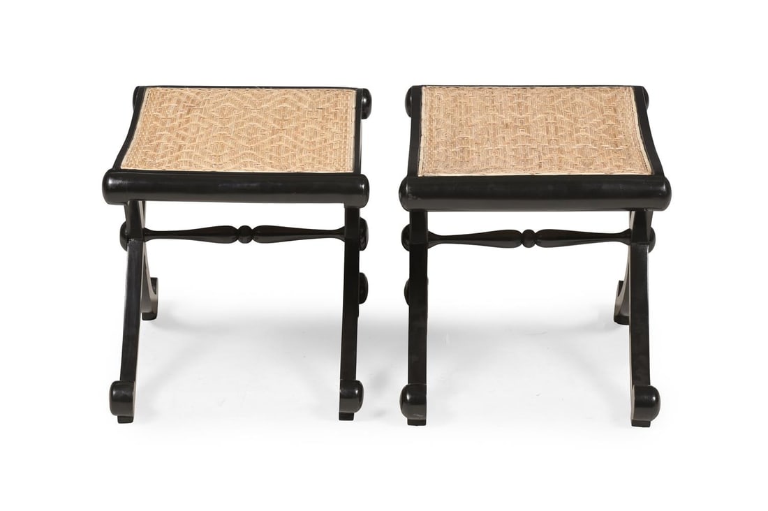 Y A PAIR OF EBONY 'X' FRAMED STOOLS, IN REGENCY STYLE, LATE 20TH OR EARLY 21ST CENTURY - 3
