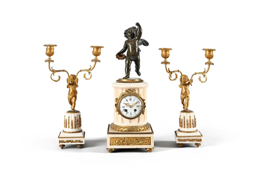 A FRENCH GILT AND PATINATED BRASS MOUNTED FIGURAL MANTEL CLOCK GARNITURE, LATE 19TH CENTURY (1 of 3)