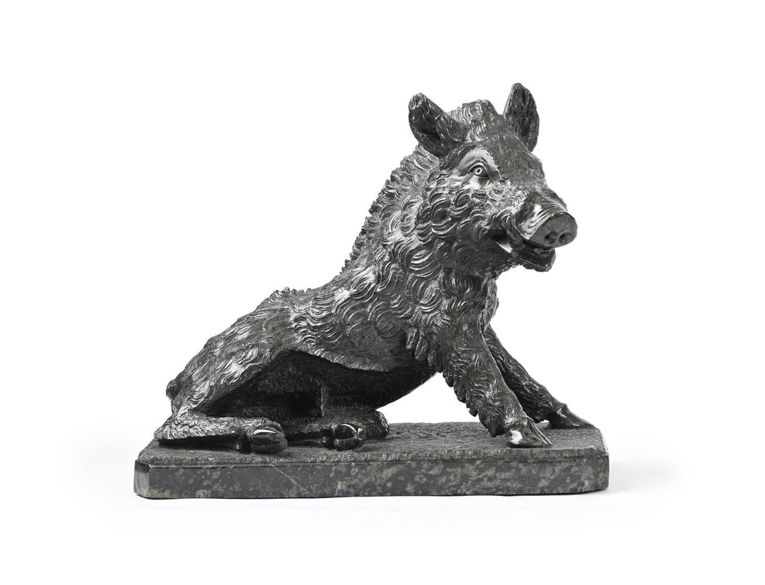 AFTER THE ANTIQUE, A CARVED MARBLE MODEL OF THE UFFIZI BOAR, LATE 19TH OR EARLY 20TH CENTURY: AFTER THE ANTIQUE, A CARVED MARBLE MODEL OF THE UFFIZI BOAR LATE 19TH OR EARLY 20TH CENTURY Il Porcellino 27cm high, 30cm wide, 18cm deep Condition Report: PLEASE NOTE: ALL LOTS ARE LOCATED AT
