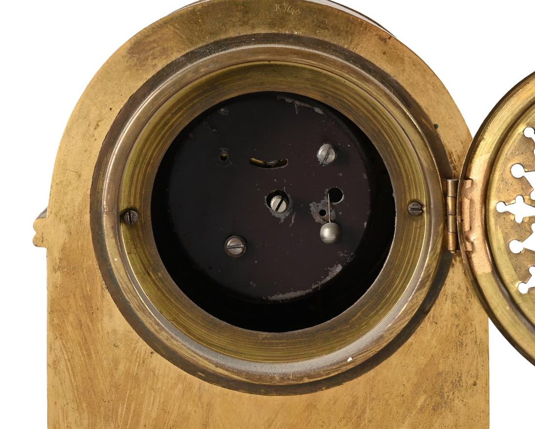 A FRENCH EMPIRE ORMOLU CLOCK CASE AND DIAL AND A PAIR OF CANDELABRA, EARLY 19TH CENTURY AND LATER - 3