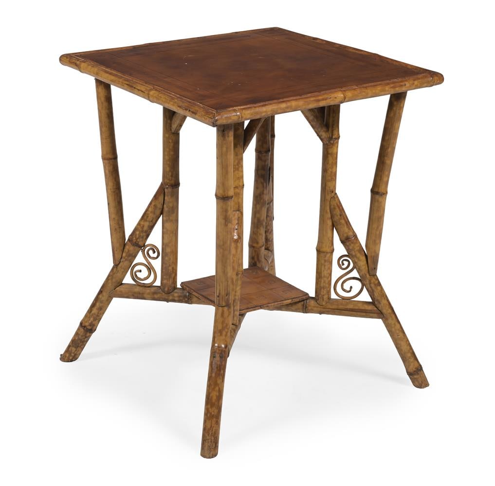 A BAMBOO AND LEATHER INSET SQUARE OCCASIONAL TABLE, MODERN (1 of 3)