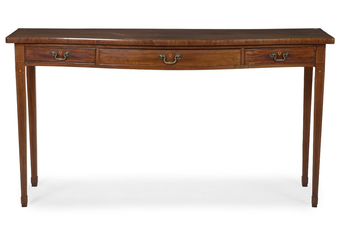 A LATE GEORGE III MAHOGANY SERPENTINE SERVING TABLE, CIRCA 1800 - 2