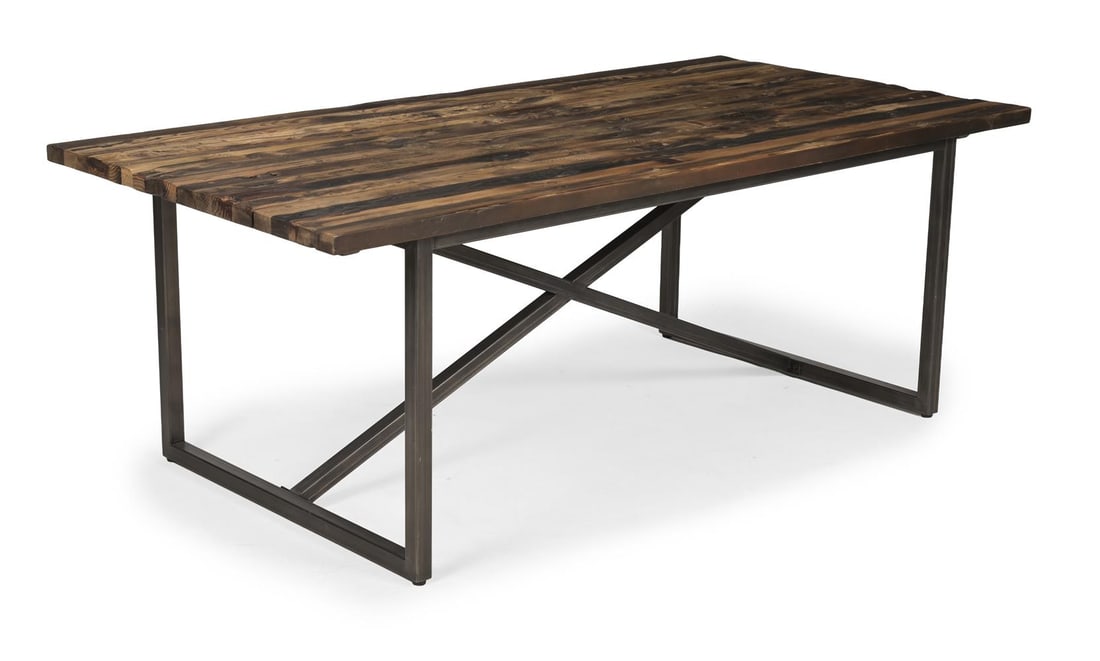 A TIMOTHY OULTON SCORCHED RECLAIMED PINE AND TUBULAR STEEL DINING TABLE, OF RECENT MANUFACTURE (1 of 3)