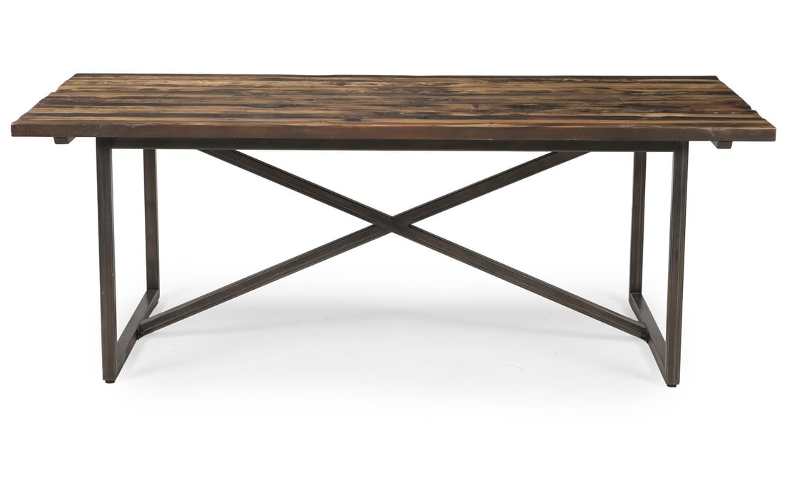 A TIMOTHY OULTON SCORCHED RECLAIMED PINE AND TUBULAR STEEL DINING TABLE, OF RECENT MANUFACTURE - 2