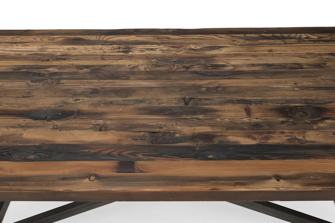 A TIMOTHY OULTON SCORCHED RECLAIMED PINE AND TUBULAR STEEL DINING TABLE, OF RECENT MANUFACTURE - 3