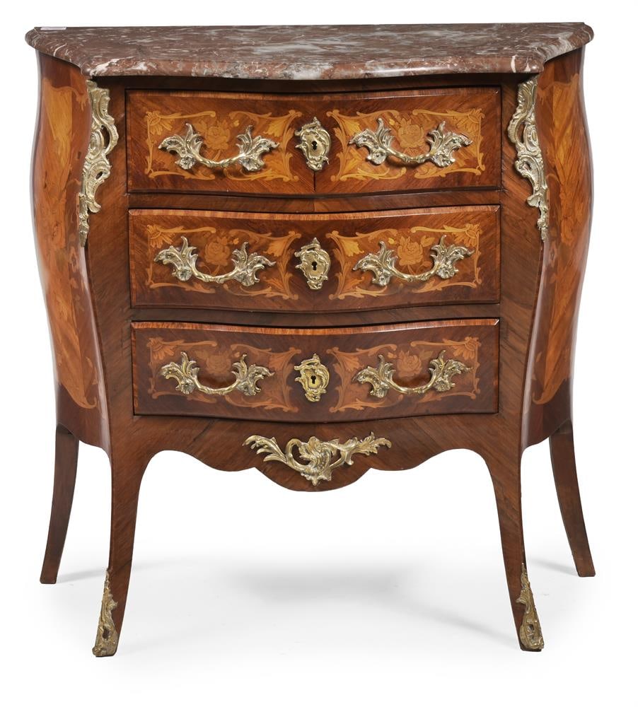 Y A ROSEWOOD, MARQUETRY AND MARBLE TOPPED BOMBE COMMODE, FRENCH, FIRST HALF 20TH CENTURY - 2
